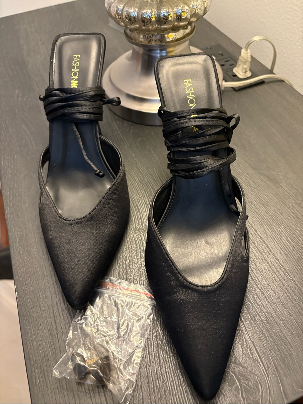 Fashion Nova Black Pointed Lace-Up Mules